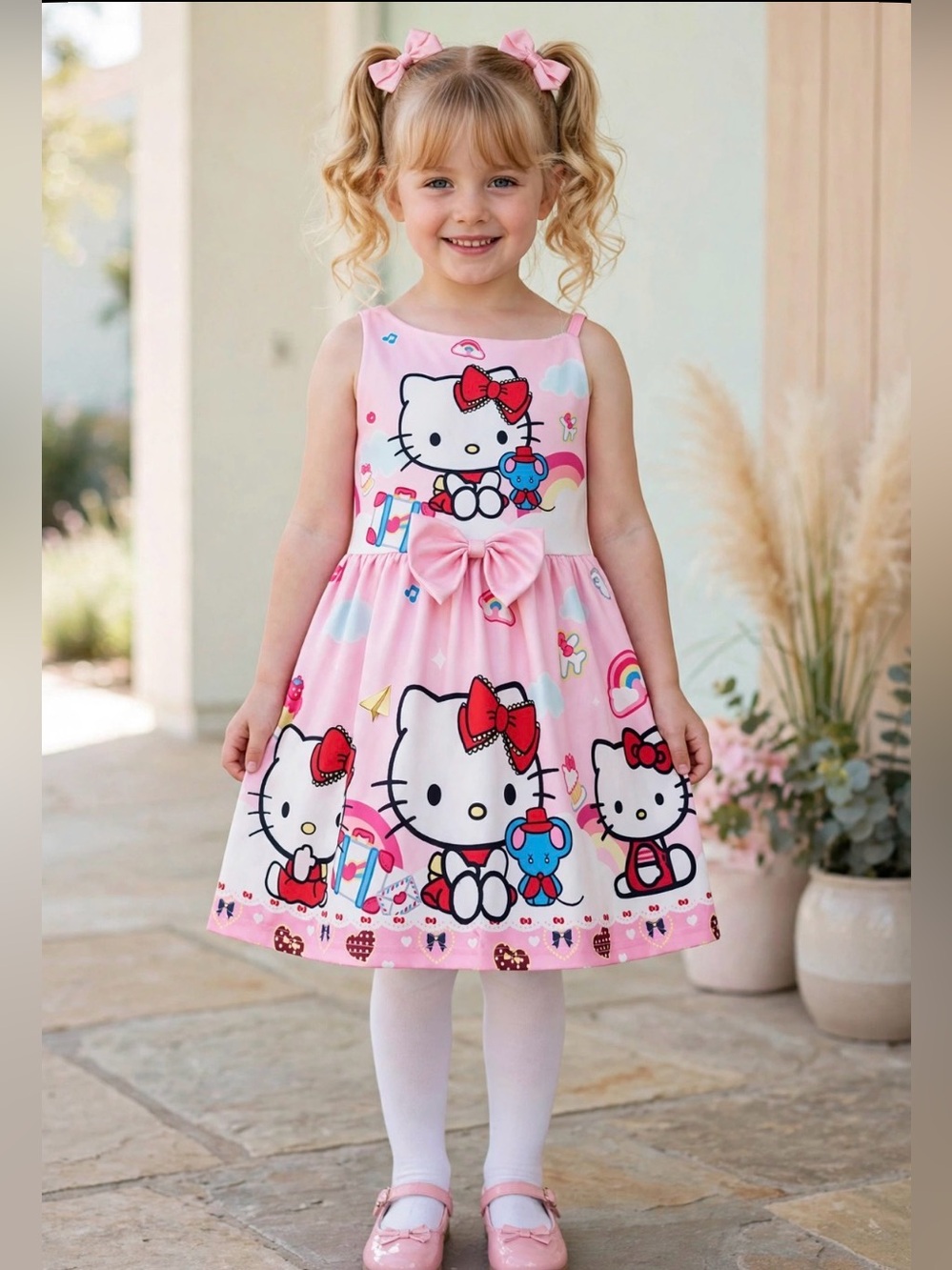 Hello Kitty Pink Bow Print Sleeveless Dress for Girls